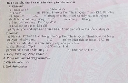 Bán nhà 2 tầng K276 Hải Phòng, Thanh Khê, Đà Nẵng